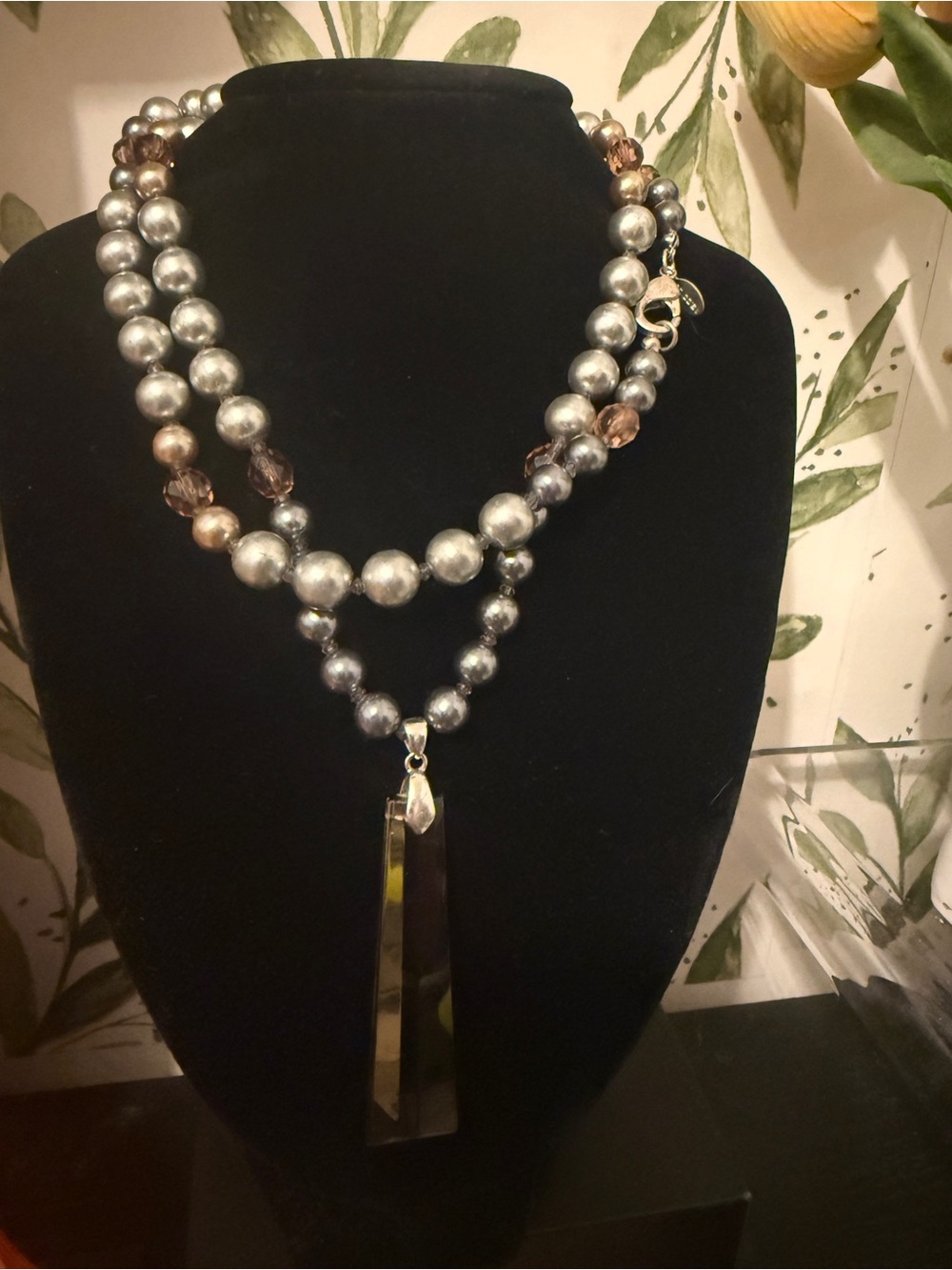 Silver and Brown Beaded Pendant Necklace - Elegant Layered Statement